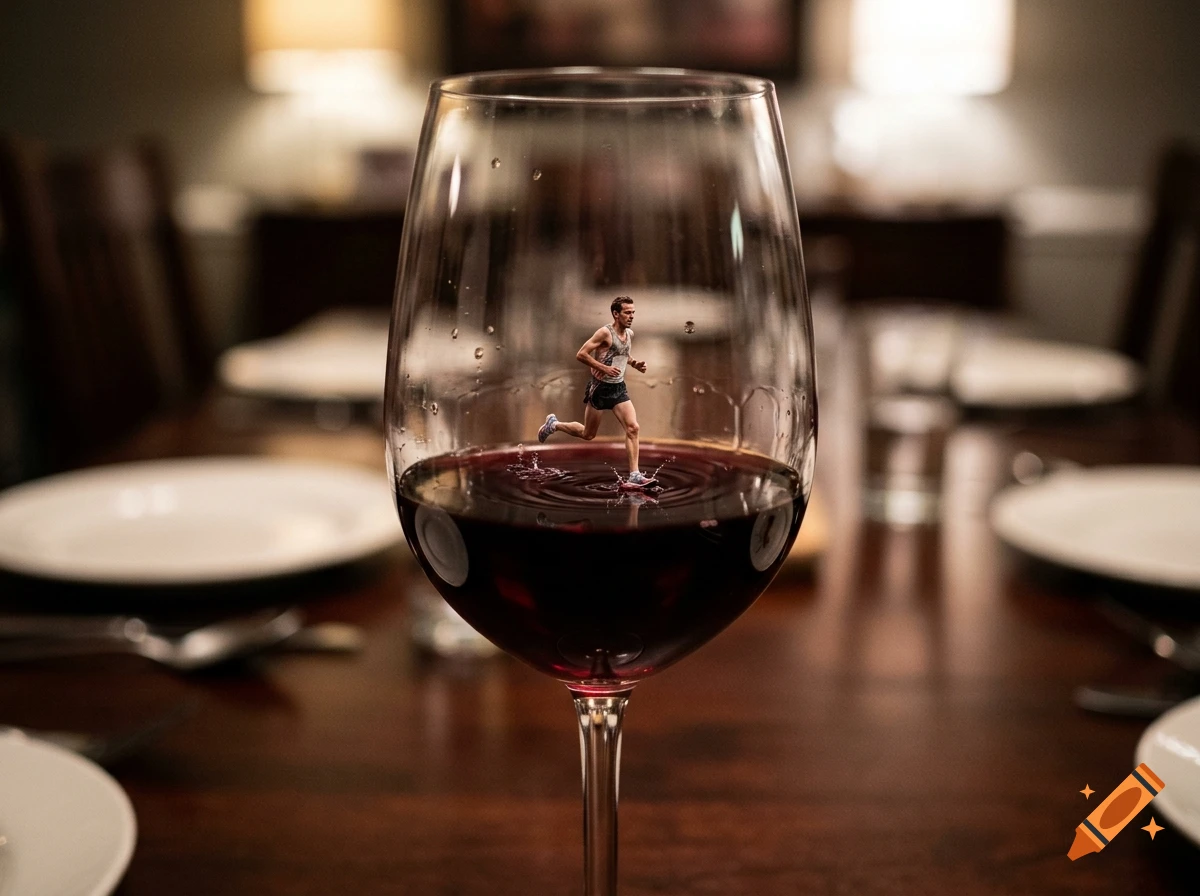 Photorealistic shot of a tiny runner sprinting on the surface of red wine inside a wine glass on a dining table.