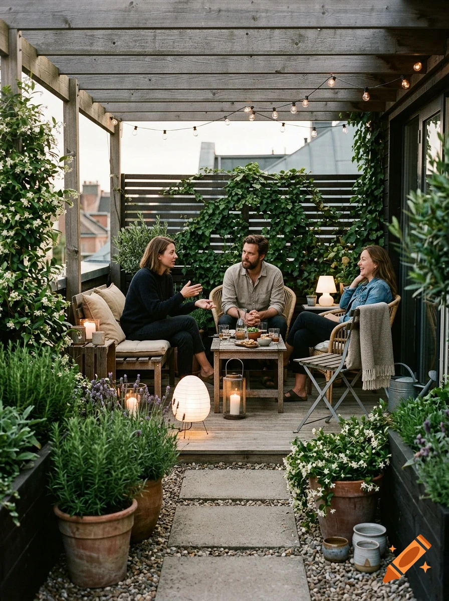 Three friends are gathered around a wooden coffee table on a lushly planted outdoor patio or balcony at dusk.