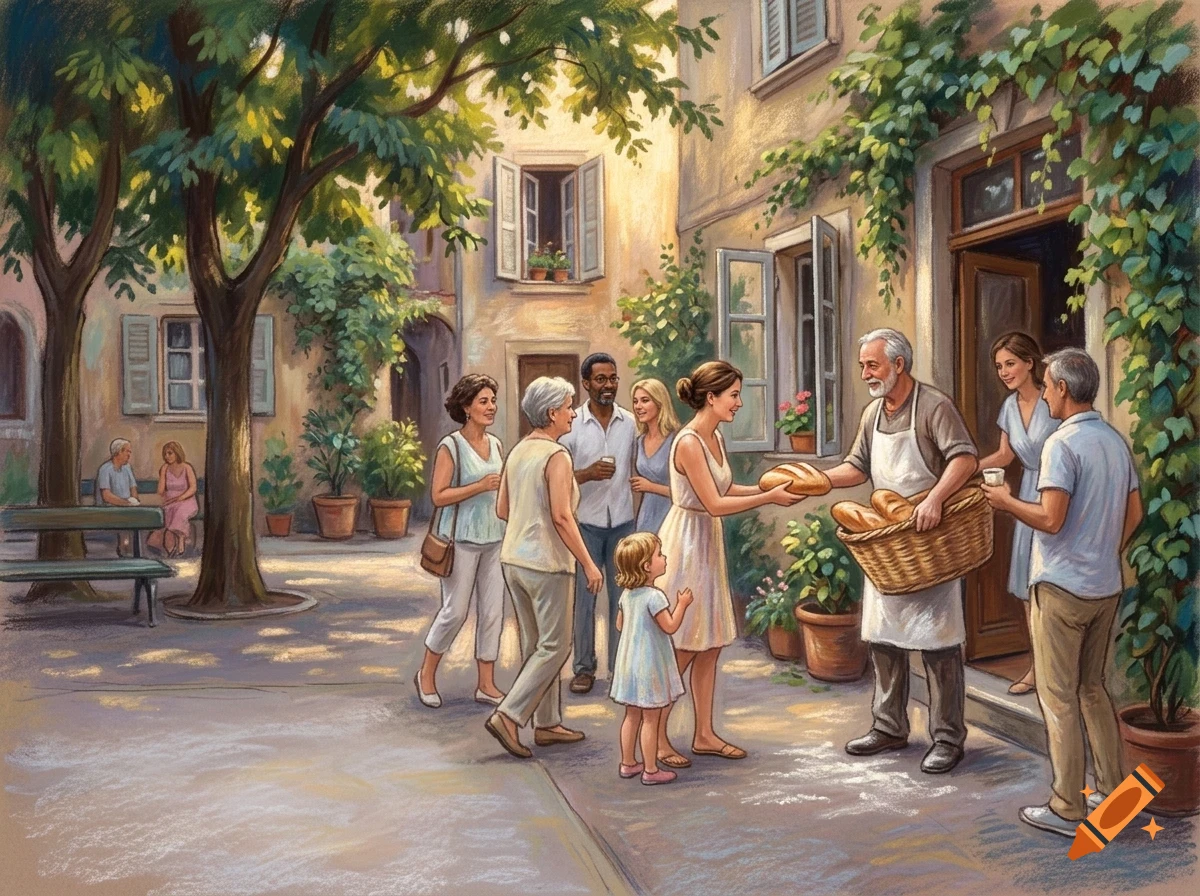An outdoor market or bakery scene where a baker hands bread to a woman in a sunny European courtyard surrounded by people.