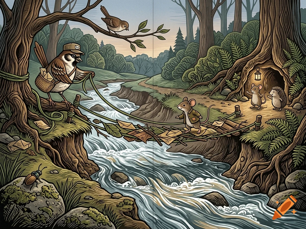 An illustrated woodland scene featuring a bird mail carrier delivering letters across a river bridge to a mouse, hedgehog, and bird in a forest.