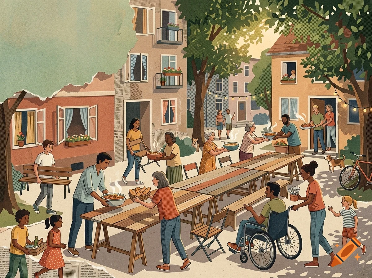 An illustrated street scene shows diverse neighbors gathering for a community outdoor meal at long wooden tables.