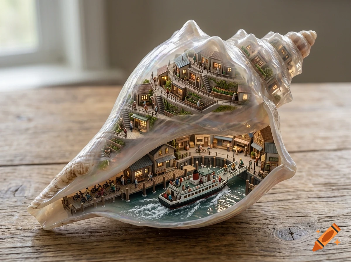 A miniature coastal town built inside a hollowed-out seashell on a wooden table, featuring houses, pathways, tiny people, and a ferry on the water.