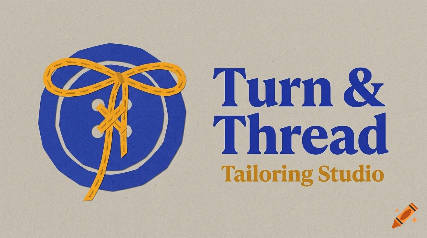 A logo for Turn & Thread Tailoring Studio featuring a blue button with yellow thread tied in a bow.