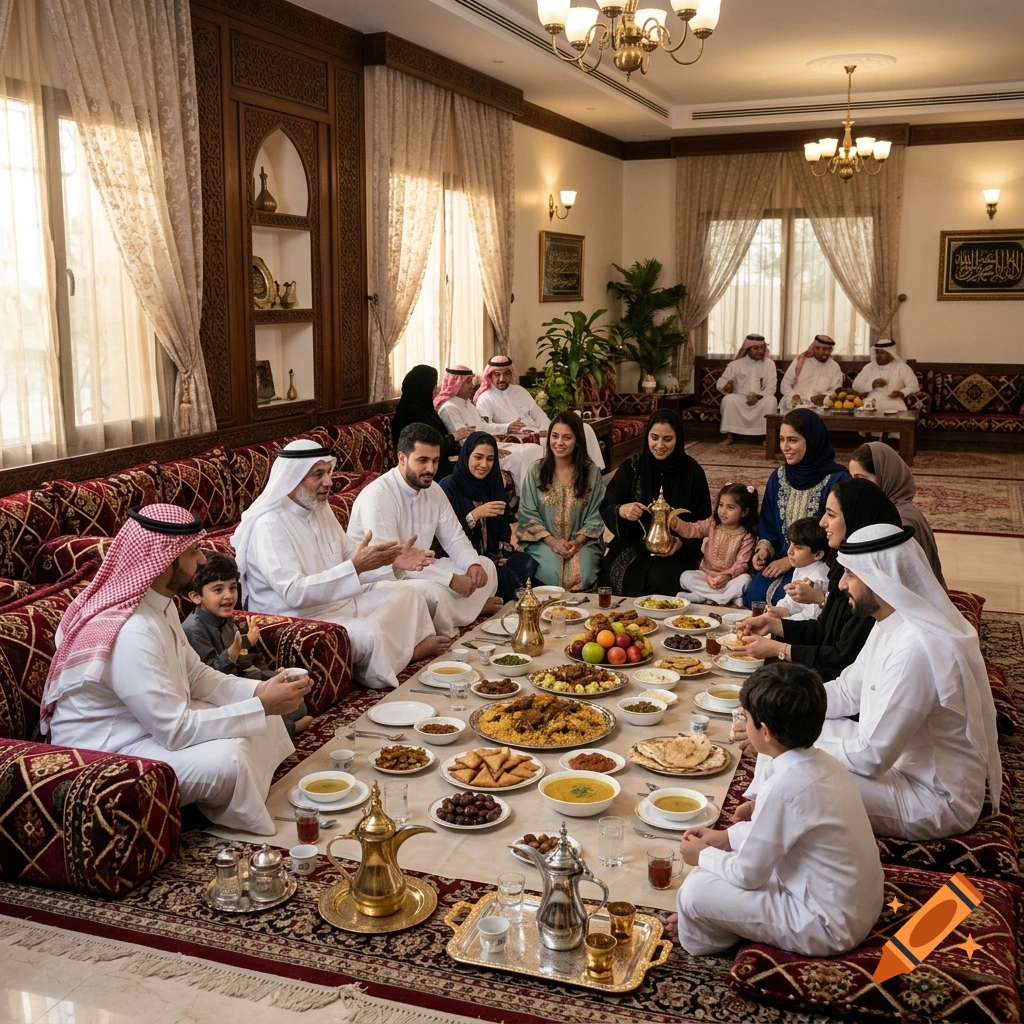 An extended Saudi family gathered on floor cushions in a traditional living room, sharing a large meal with rice and dishes.