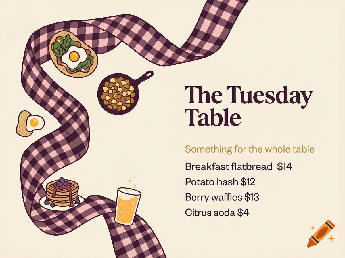 A menu illustration featuring breakfast items, a checkered ribbon, and text reading 'The Tuesday Table'.