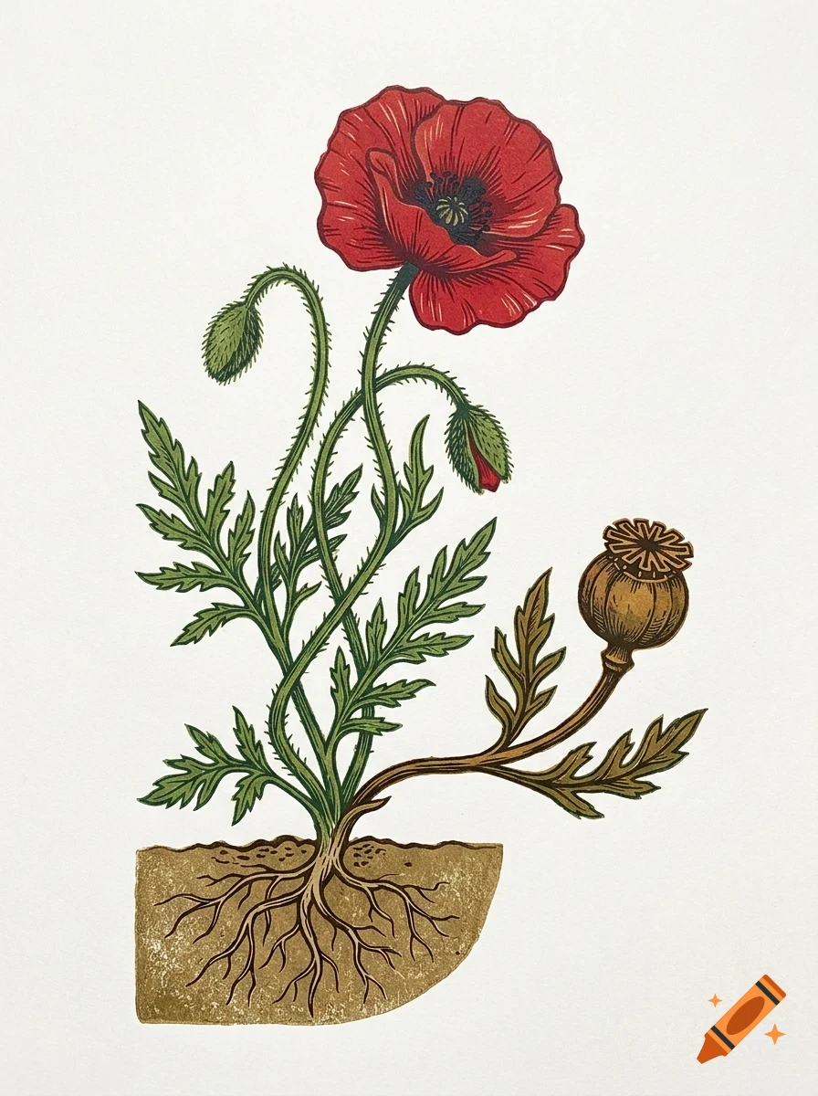 An illustration of a red poppy flower with green stem, leaves, buds, roots in soil, and a seed pod.