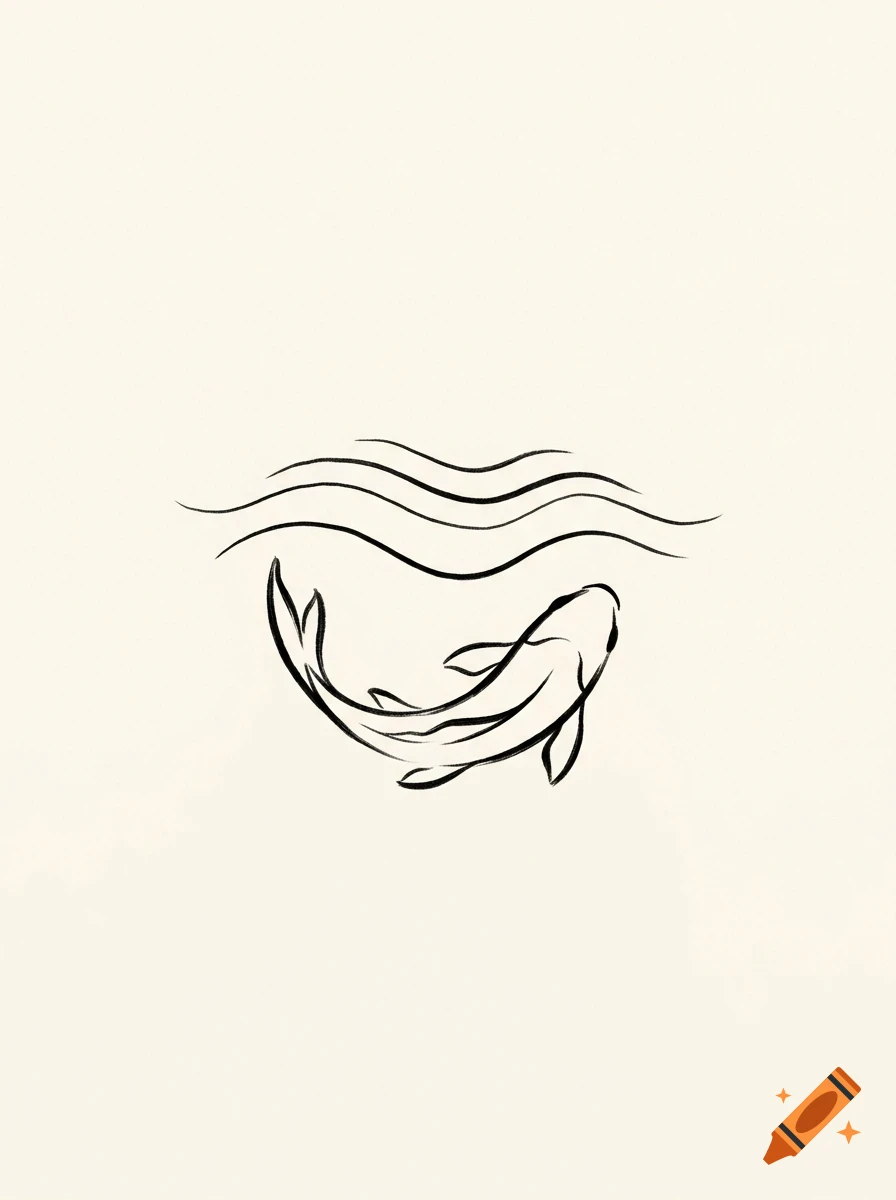 Minimalist black ink line drawing of a fish swimming beneath wavy water lines on a plain light background.