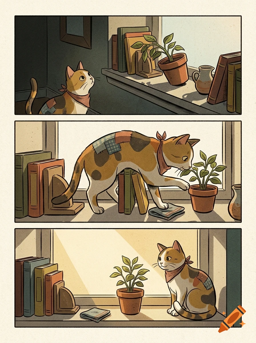 A comic strip with three panels showing a calico cat with a red bandana and patches on its back near books and a potted plant on a windowsill.