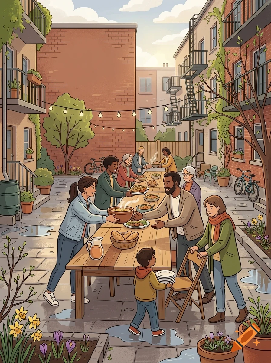 A diverse group of neighbors gathering for an outdoor potluck dinner in a brick courtyard between apartment buildings.