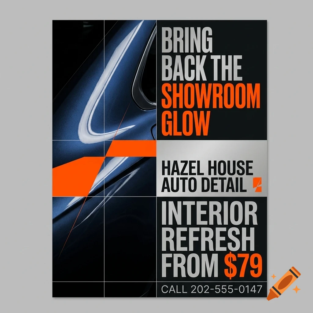 An auto detailing promotional poster featuring a glossy blue car body section on the left and bold text blocks on the right.