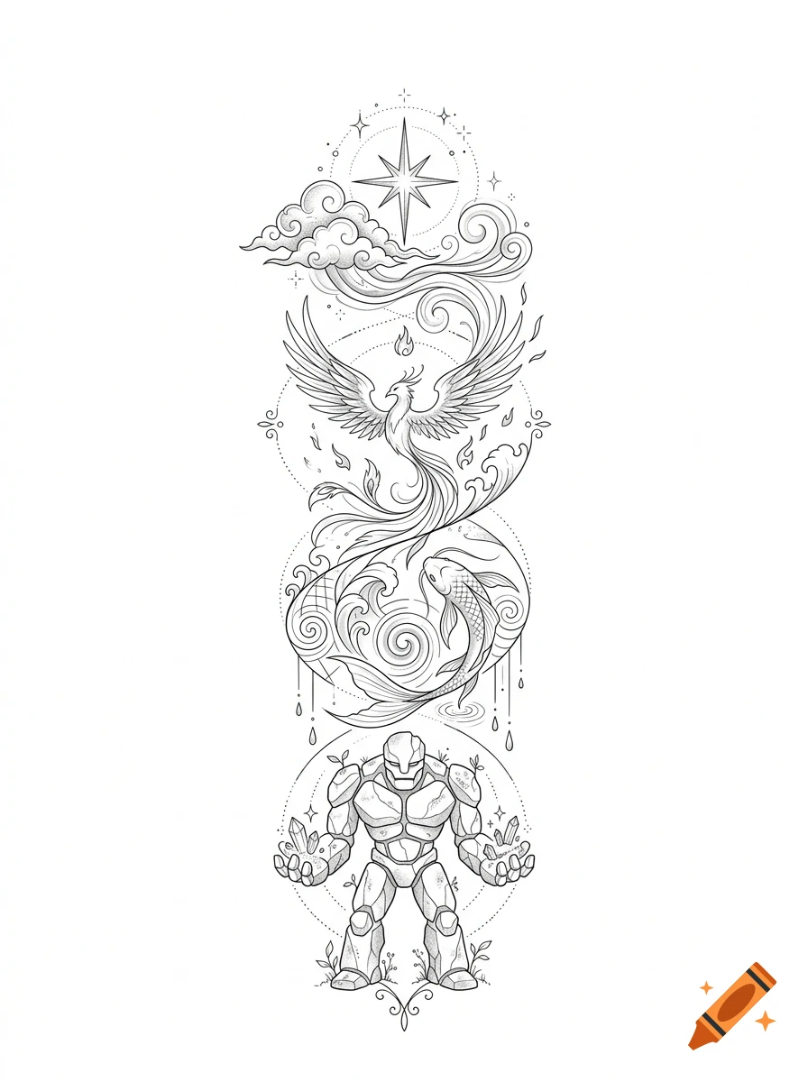 Vertical fine line tattoo design featuring air, fire, water, and earth elements including a phoenix, fish, and stone golem in black ink.