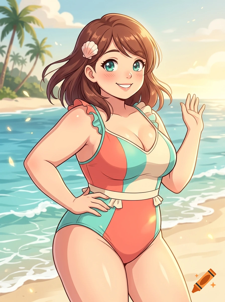 An anime-style illustration of a cheerful woman in a colorful one-piece swimsuit, posing on a tropical beach with palm trees.