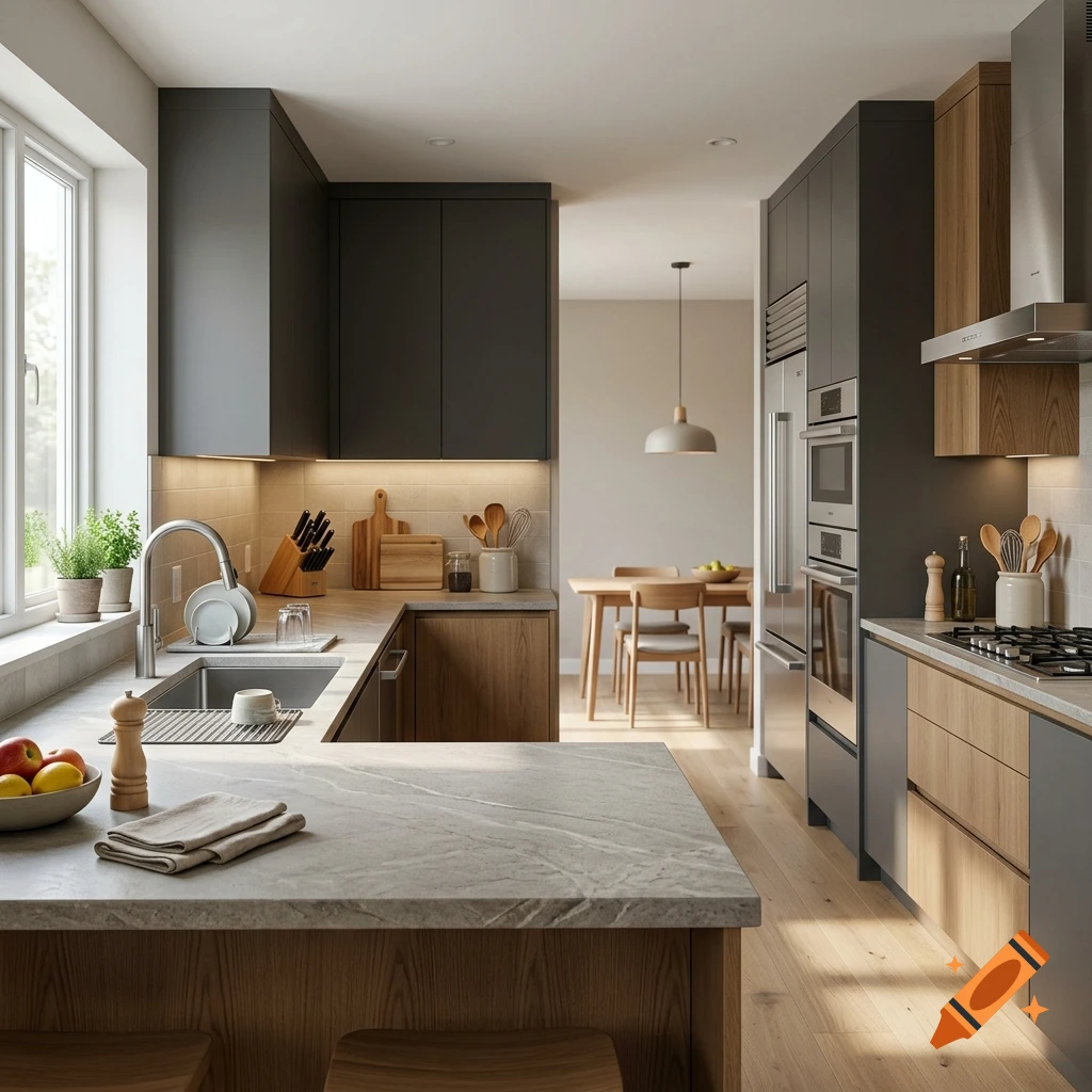 Photorealistic modern kitchen with dark gray and wood cabinetry, island counter, stainless steel appliances, and open dining area in background.