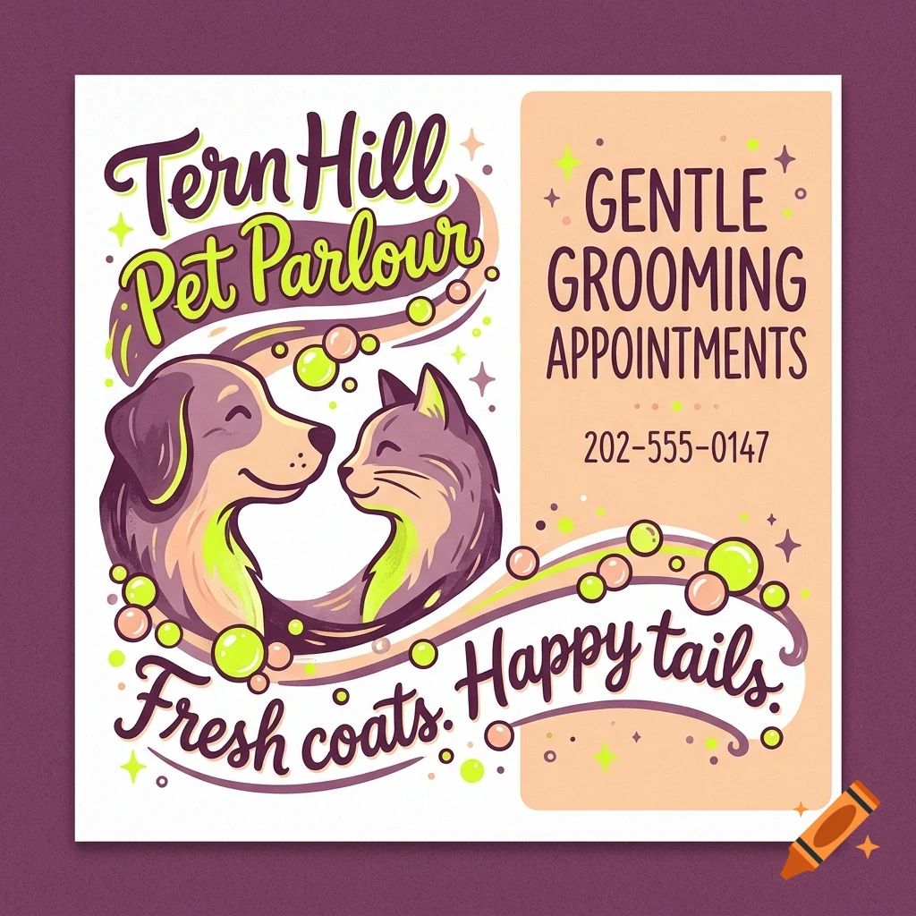 An advertisement for Tern Hill Pet Parlour featuring cartoon illustrations of a dog and a cat surrounded by bubbles, with lettering reading 'Gentle grooming appointments' and '202-555-0147'.