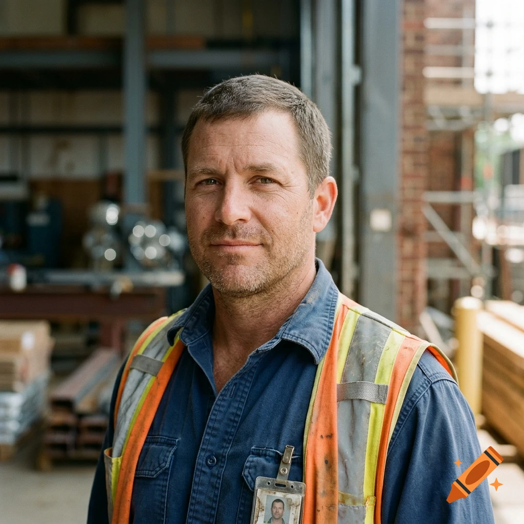Photorealistic portrait of a blue collar worker in an industrial setting wearing a reflective vest and blue shirt.