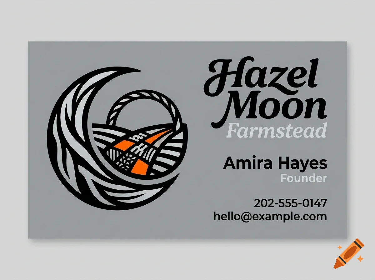 A business card displaying a logo with a crescent moon and basket design, alongside text reading Hazel Moon Farmstead, Amira Hayes, Founder, a phone number, and email address.