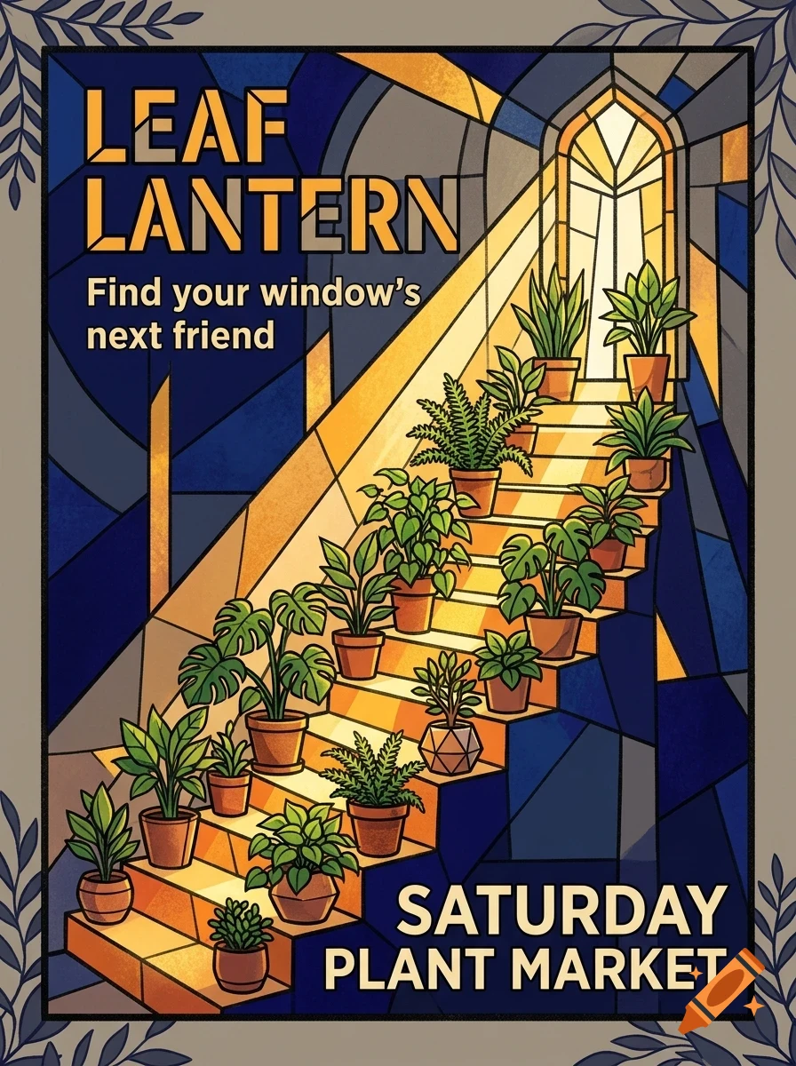 An illustrated stained-glass style poster featuring potted plants on stairs leading up to a brightly lit archway with the text 'LEAF LANTERN' and 'SATURDAY PLANT MARKET'.