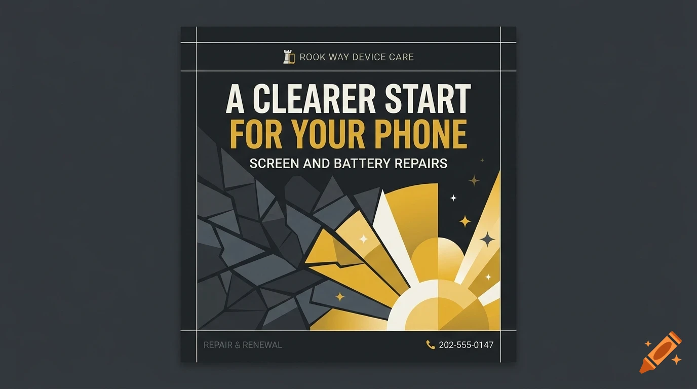 An advertisement for Rook Way Device Care featuring text A CLEARER START FOR YOUR PHONE, screen and battery repairs, and a graphic transitioning from shattered dark shapes to a radiant golden design.