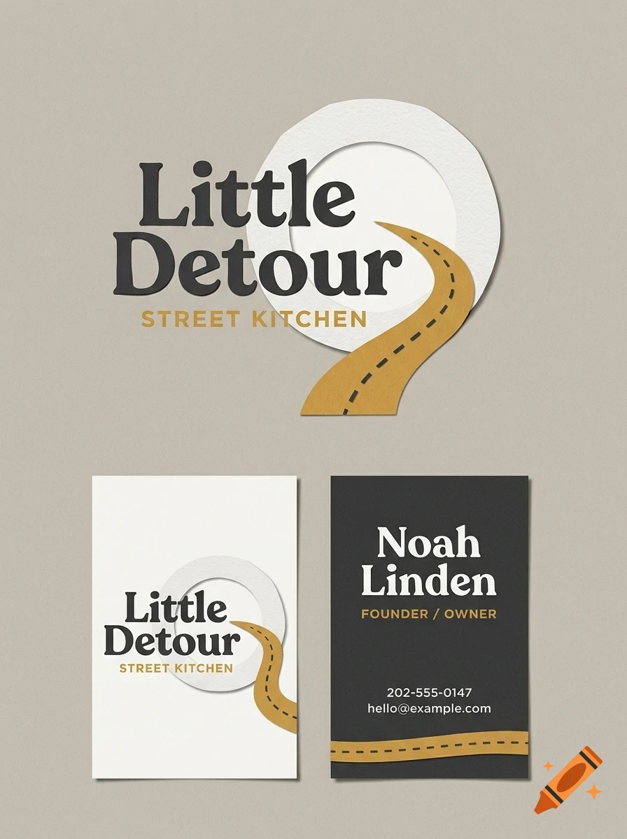 Branding mockup displaying a logo with the text Little Detour Street Kitchen featuring a road graphic, alongside two business cards.