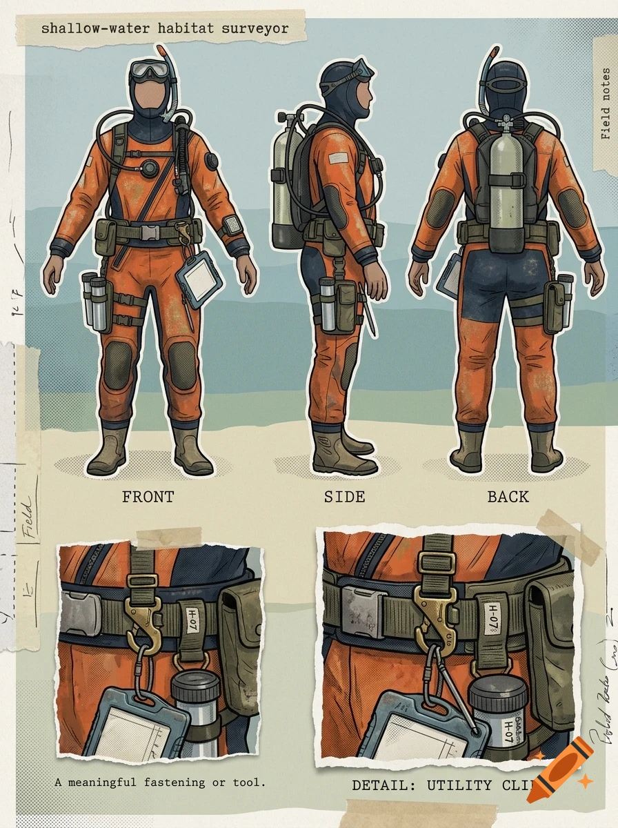 Character design sheet showing a diver in an orange suit from front, side, and back views with detail callouts.