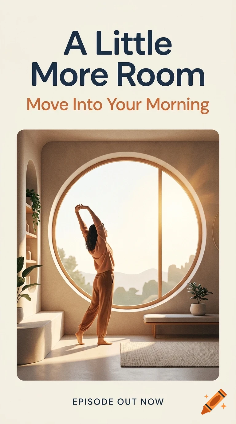 A person stretching in a bright, modern room with a large round window looking out at a landscape, with the text 'A Little More Room' and 'Move Into Your Morning'.