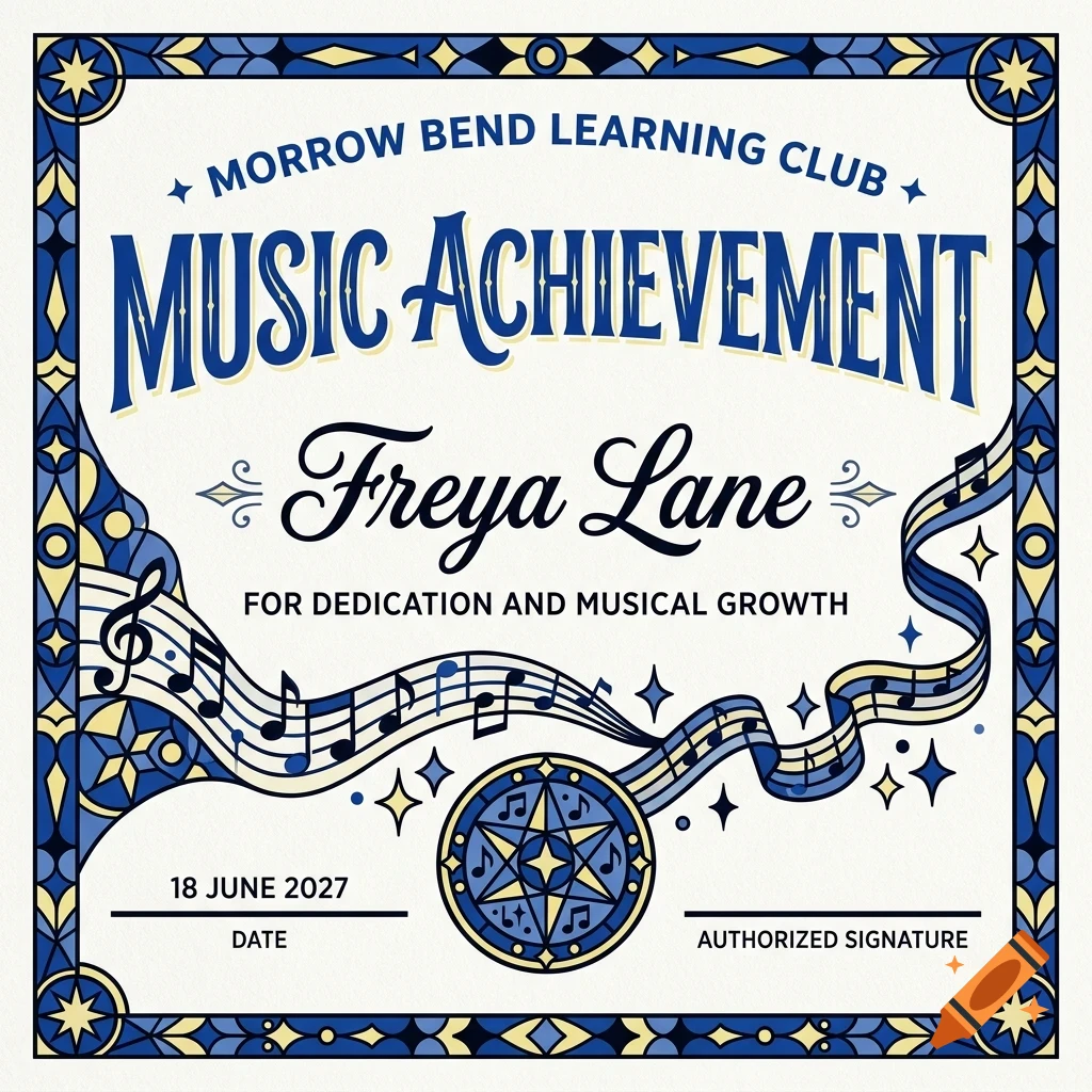 A certificate with blue and yellow decorative borders, musical notes, and text that reads Music Achievement.