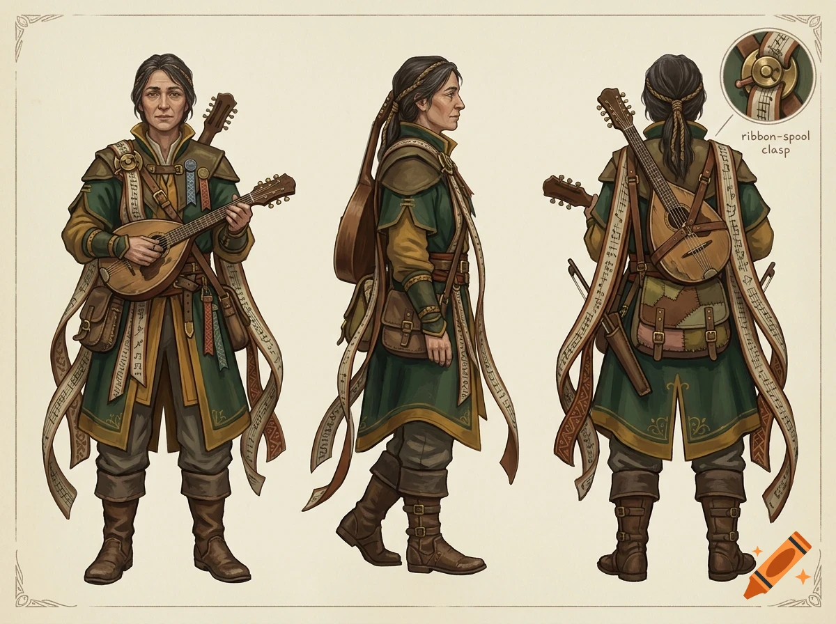 Character design sheet showing a female bard character from multiple angles, holding and carrying a lute-like string instrument, wearing green and brown medieval-style clothing with ribbon details.
