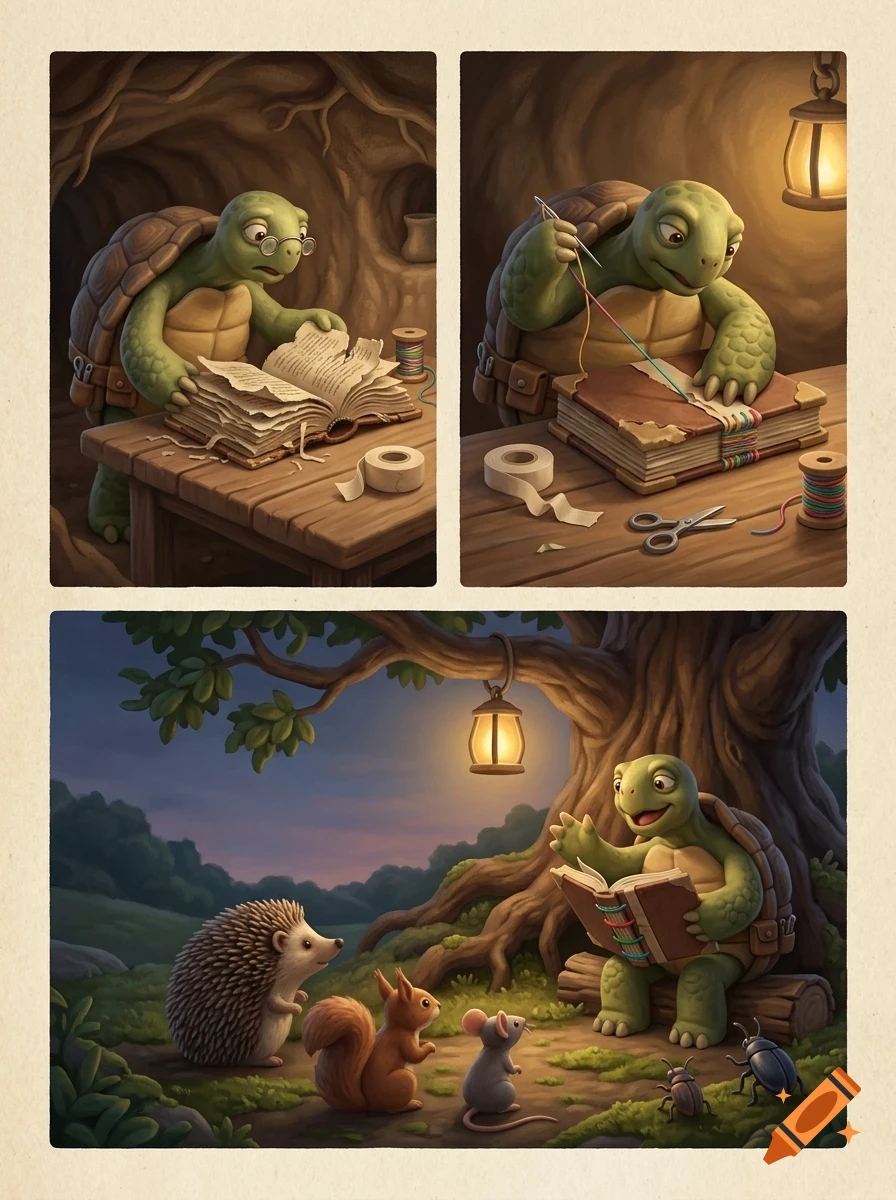 A comic strip showing a turtle repairing a book and then reading it to a hedgehog, squirrel, and mouse under a tree.