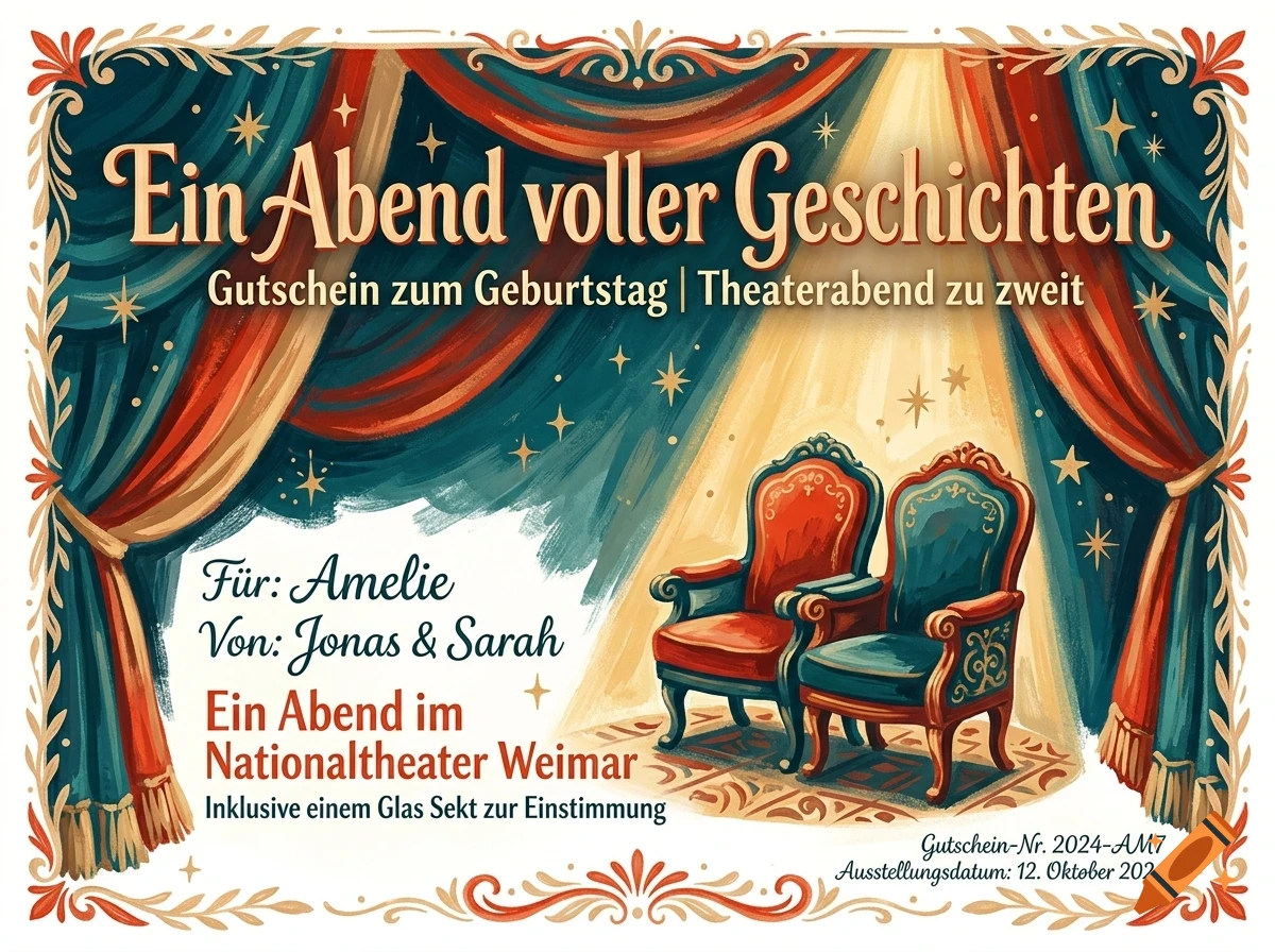 An illustrated voucher with red and teal theater curtains, spotlight, two ornate armchairs, and decorative typography in German.