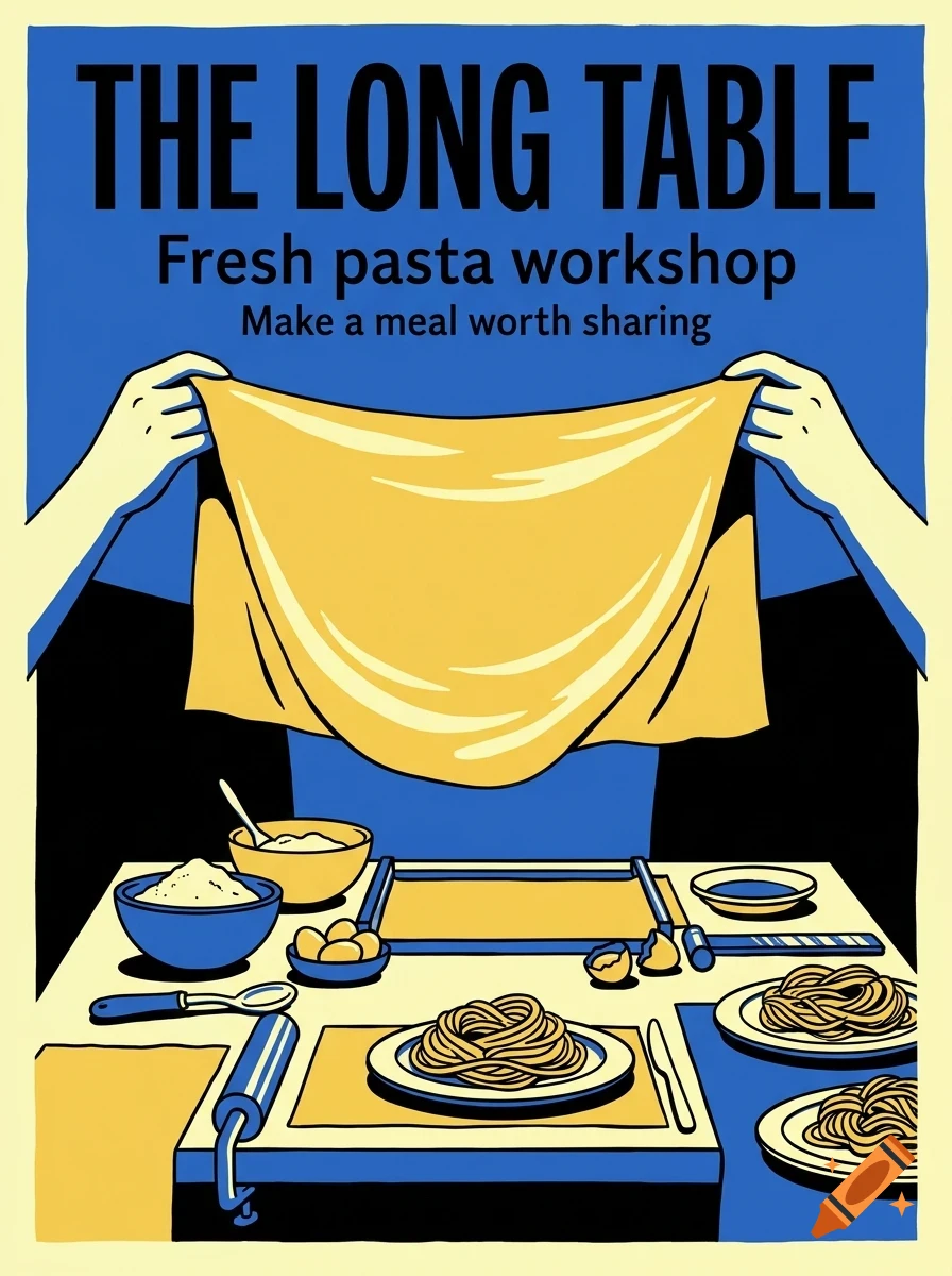 An illustrated poster advertising a fresh pasta workshop titled 'The Long Table', showing hands holding up a sheet of yellow pasta over a table with bowls of flour, eggs, and plates of spaghetti.