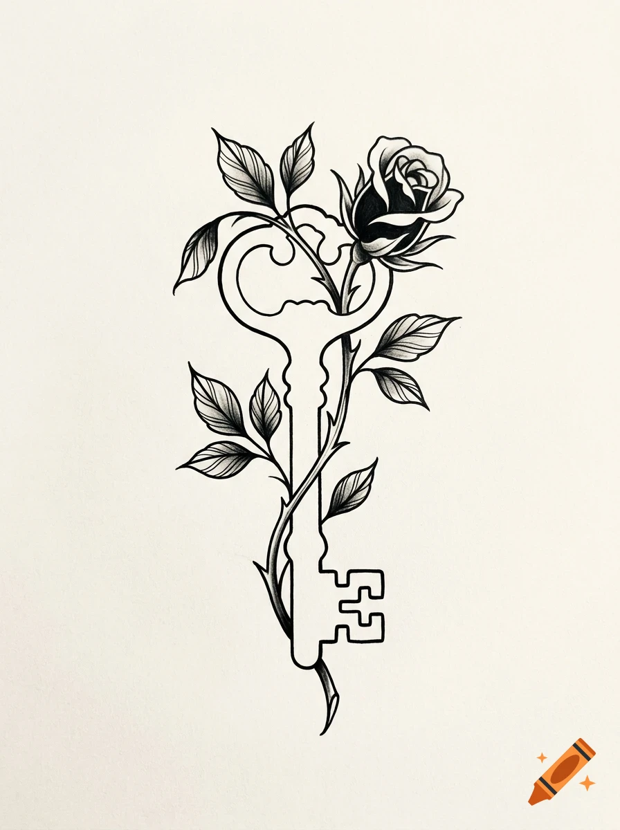 Black and white ink drawing of an ornate key entwined with a rose and leaves on a light background.