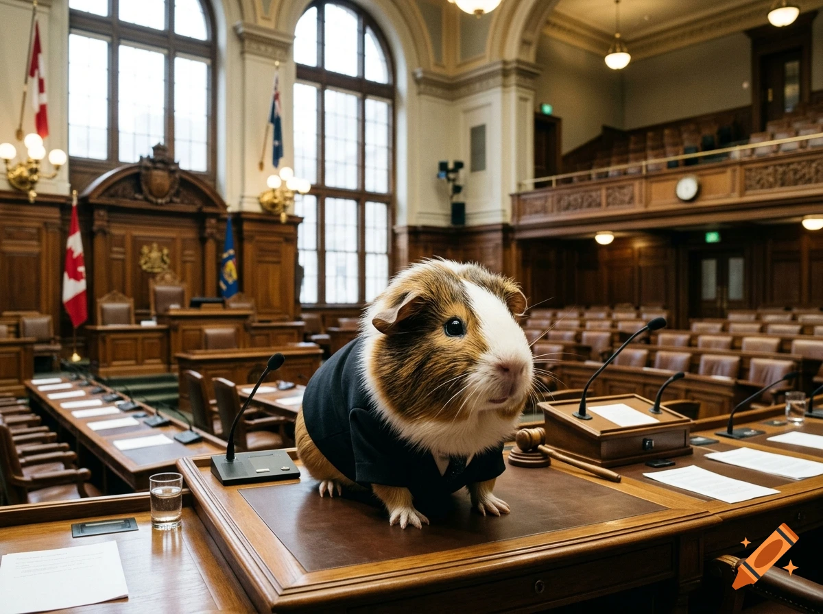 Photorealistic image of a guinea pig wearing a small suit standing on a desk in a parliament courtroom.
