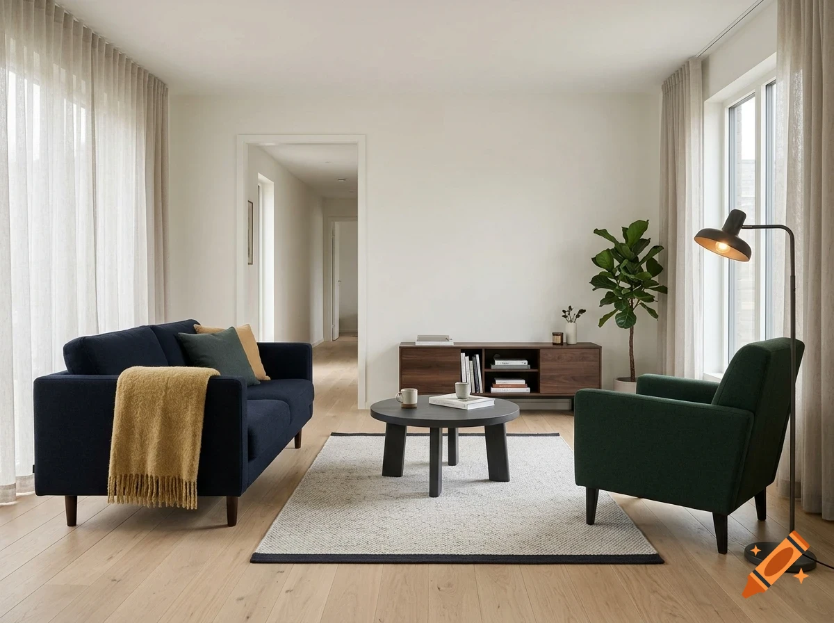 A modern minimalist living room with a dark blue sofa, green armchair, round coffee table, and a floor lamp.