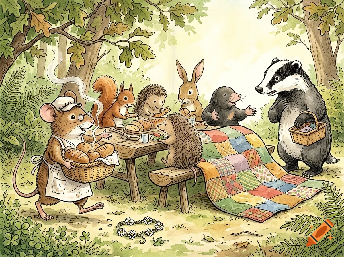 An illustrated woodland scene depicting anthropomorphic forest animals gathered around a wooden picnic table outdoors.