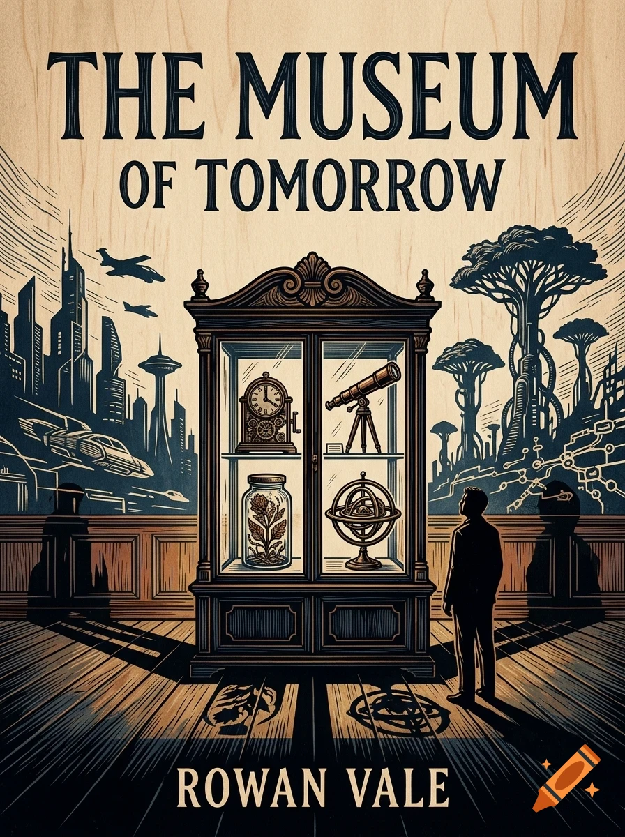 An illustration of a person looking at a cabinet of curiosities with futuristic cities and sci-fi elements in the background, titled The Museum of Tomorrow by Rowan Vale.