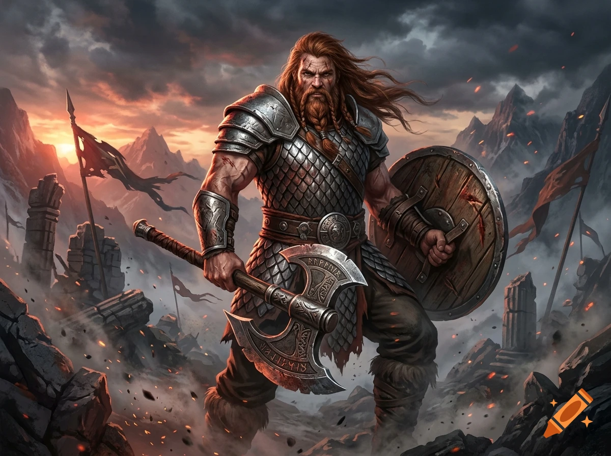 A muscular barbarian with long red hair wearing scale-mail armor, wielding a battle axe and shield in a rocky landscape with mountains.