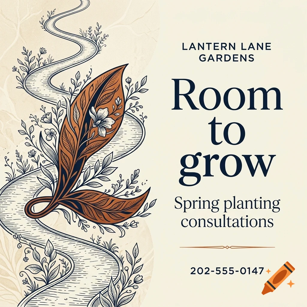 An illustration of a winding path through plants with the text Room to grow and Lantern Lane Gardens.