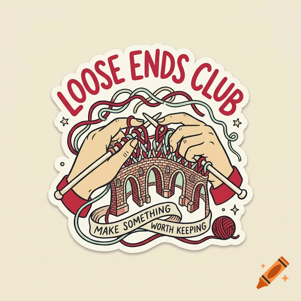 Illustration of hands knitting a brick bridge with yarn and the text Loose Ends Club and Make something worth keeping.