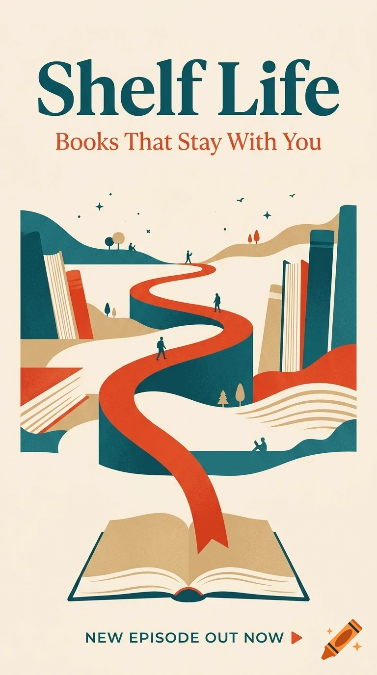An illustrated poster titled Shelf Life with a winding red path flowing from an open book through a landscape formed by books.
