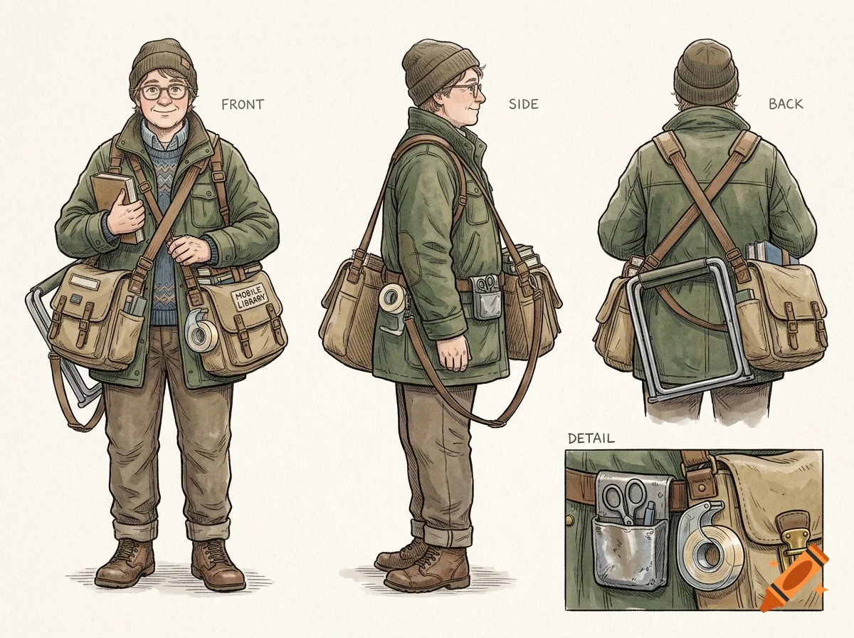 Character design sheet showing front, side, and back views of a person in a green jacket and beanie with a mobile library bag.