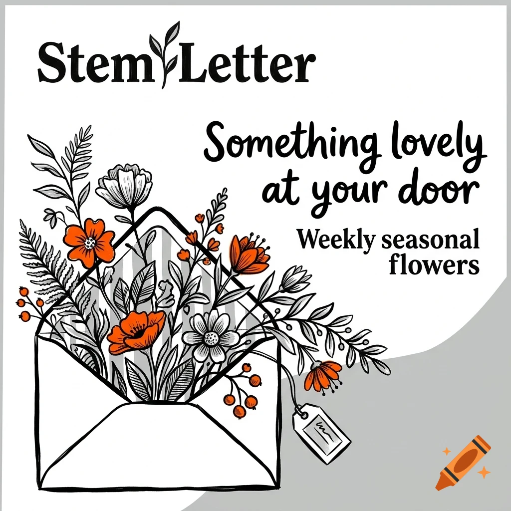 An illustration of an envelope filled with orange and white flowers and foliage, accompanied by the text "Stem Letter" and "Something lovely at your door | Weekly seasonal flowers".