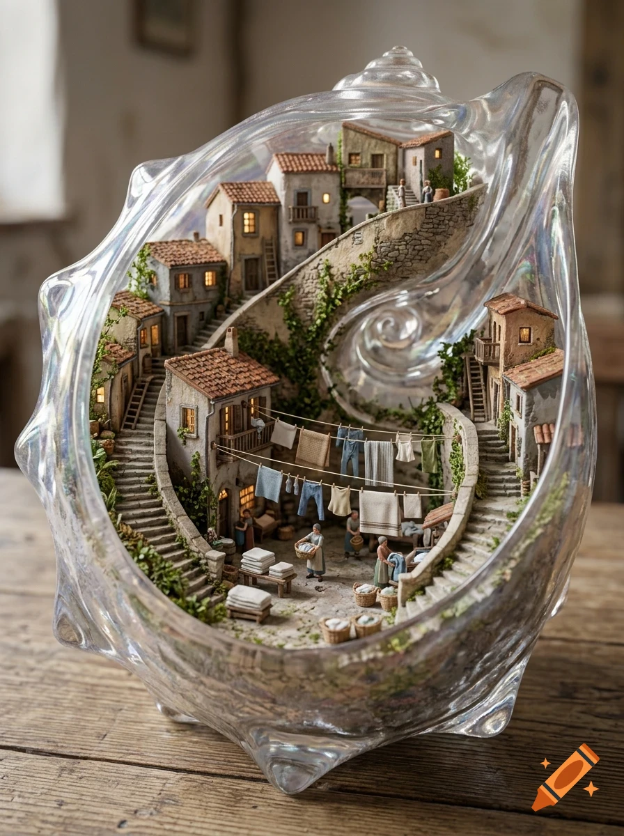 A miniature Italian village built inside a hollow glass seashell, featuring tiny houses, staircases, and miniature figures doing laundry.