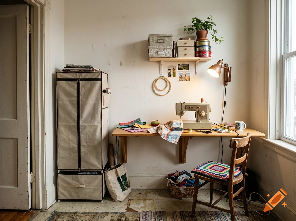 A cozy sewing corner with a vintage sewing machine on a wooden desk, a chair with a colorful crochet cushion, shelves, and fabric scraps.