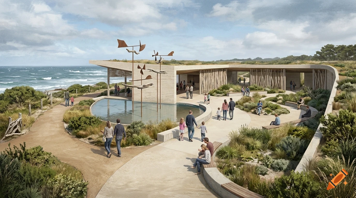 An outdoor coastal pavilion with modern architecture, a reflective pool, and visitors walking on pathways surrounded by native vegetation and the ocean.