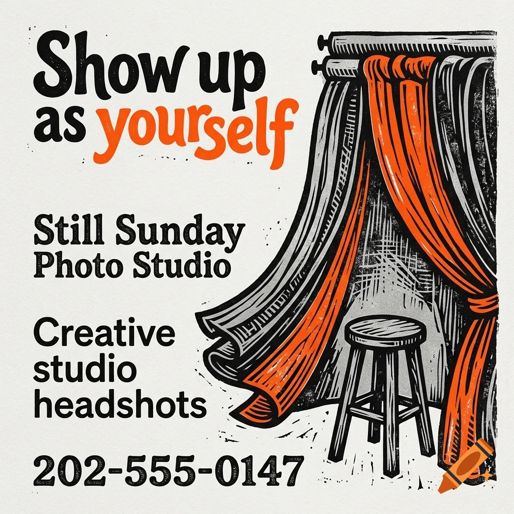 An illustrated poster for Still Sunday Photo Studio featuring a stool and studio curtains with the text Show up as yourself.