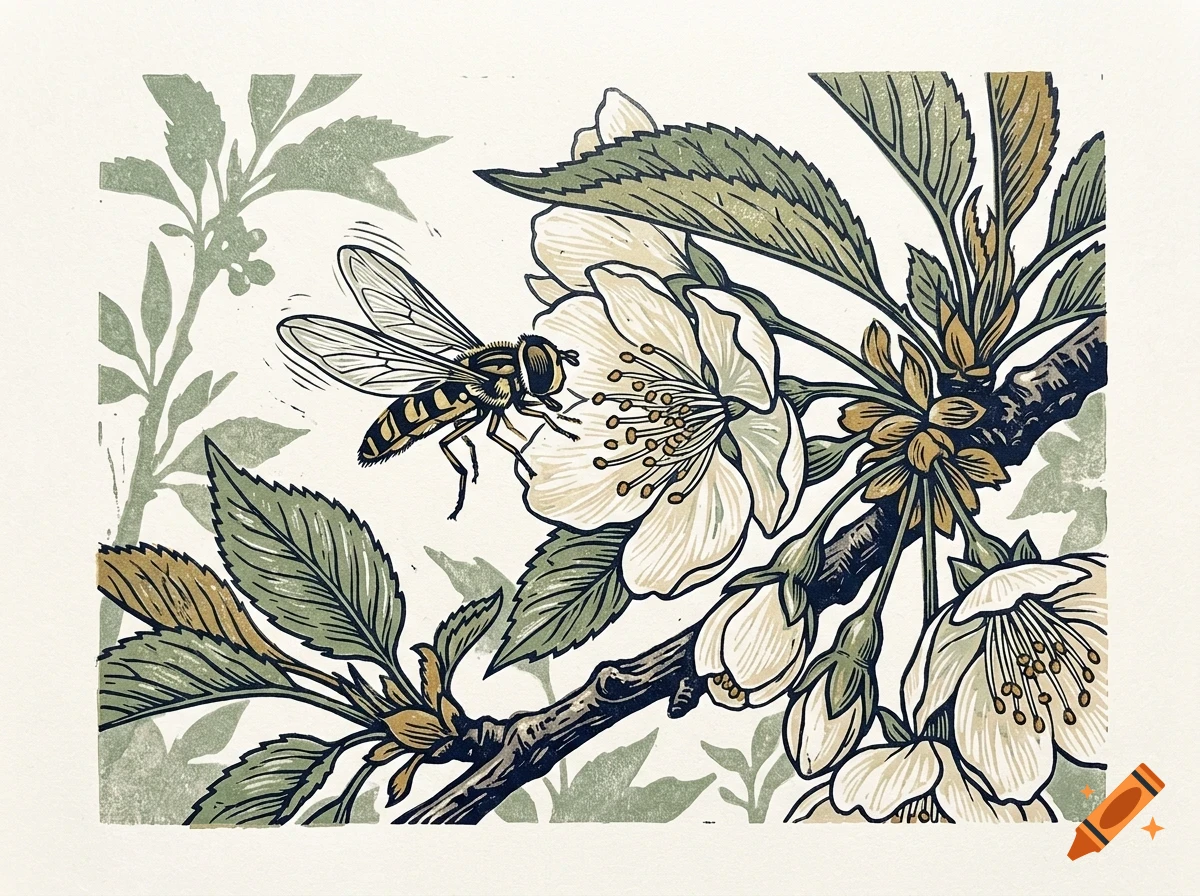 An illustration of a bee hovering near blooming white flowers on a leafy branch.