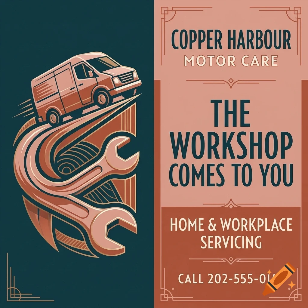 An advertisement for Copper Harbour Motor Care featuring a van driving over wrenches, with text reading The workshop comes to you.