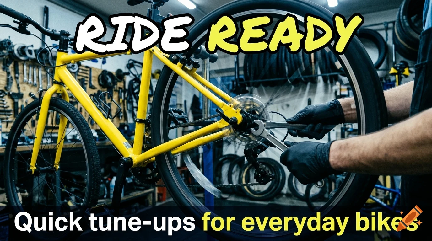 A mechanic wearing gloves is working on the gears of a yellow bicycle in a workshop, with the text RIDE READY visible.