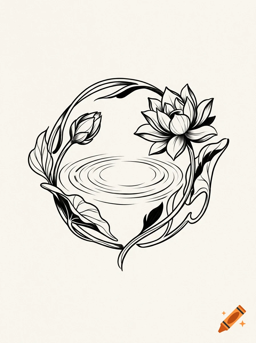 A black and white line drawing of a lotus flower and bud framed by curving stems with ripple patterns in the center.