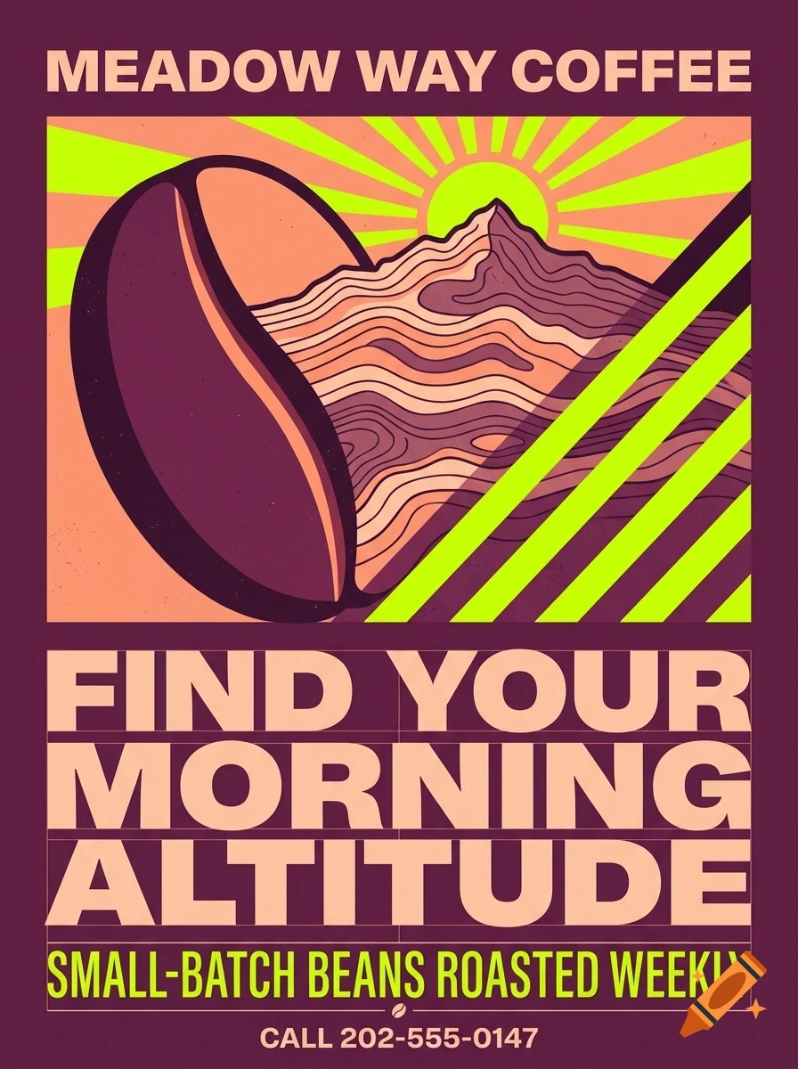 A poster for Meadow Way Coffee featuring a large coffee bean opening up to reveal a mountain landscape with a bright sun, with retro typography and vibrant colors.